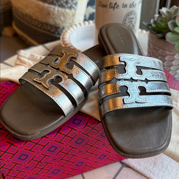 🩶 Tory Burch Ines Cage Slide Silver Wild Mushroom 🍄‍🟫 🩶 - Picture 3 of 12